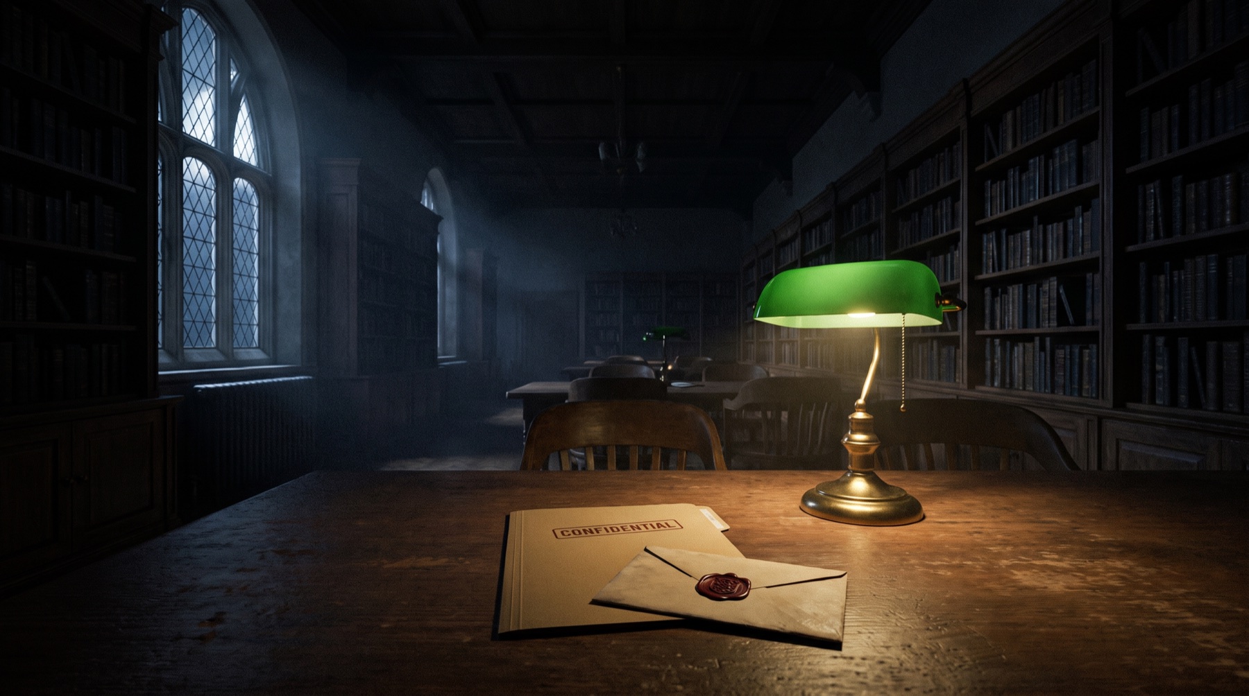 An empty library reading room at night with a single lamp lit